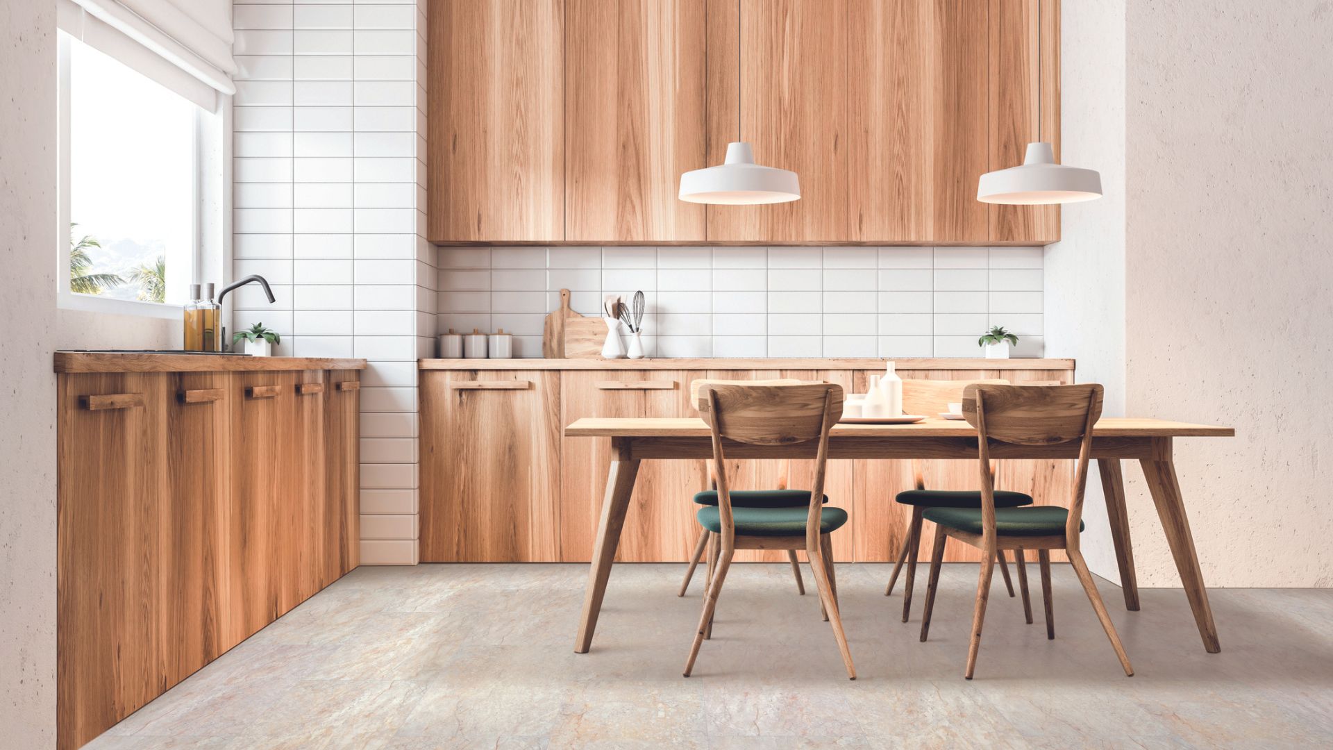 Tile flooring in a. modern kitchen.